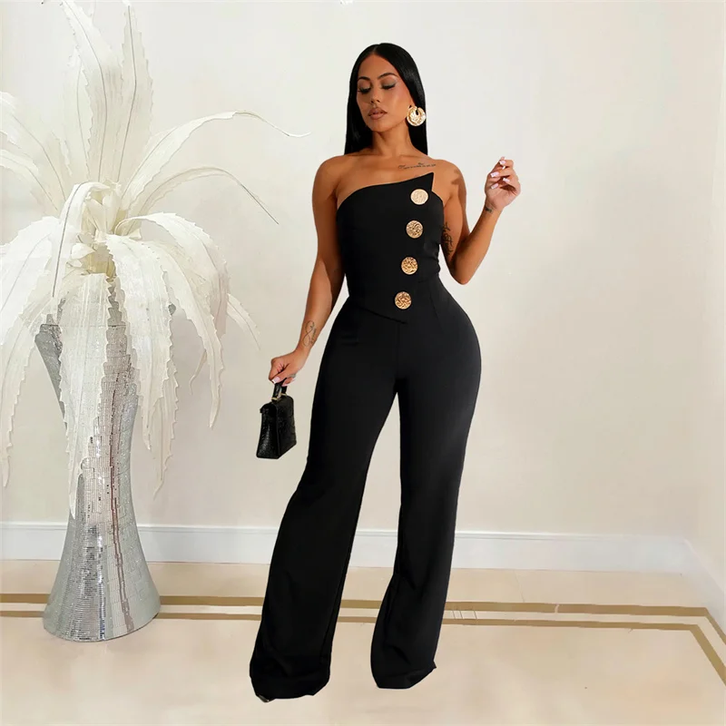 

Women Sleeveless Strapless Sexy Party Club Jumpsuit Summer Fashion Big Button Straight Loose Casual Jumpsuit 2025 Rompers Ladies