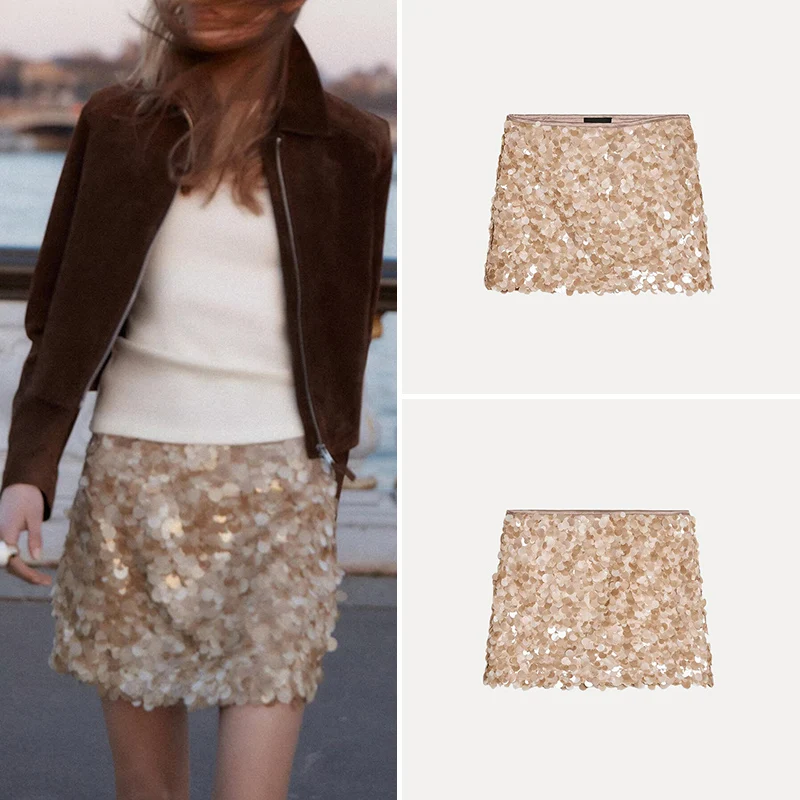 falda Punk Brillante con Lentejuelas, Moda Femenina Primavera 2025, Estilo Urbano, Fibra de Poliéster 00%, Marca Z,...