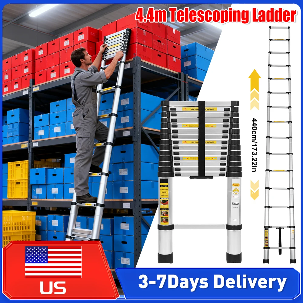 

4.4m Single Telescoping Ladder Anti-Slip with 2 Triangle Stabilizers Folding Ladder for Warehouse Telecommunications Engineering