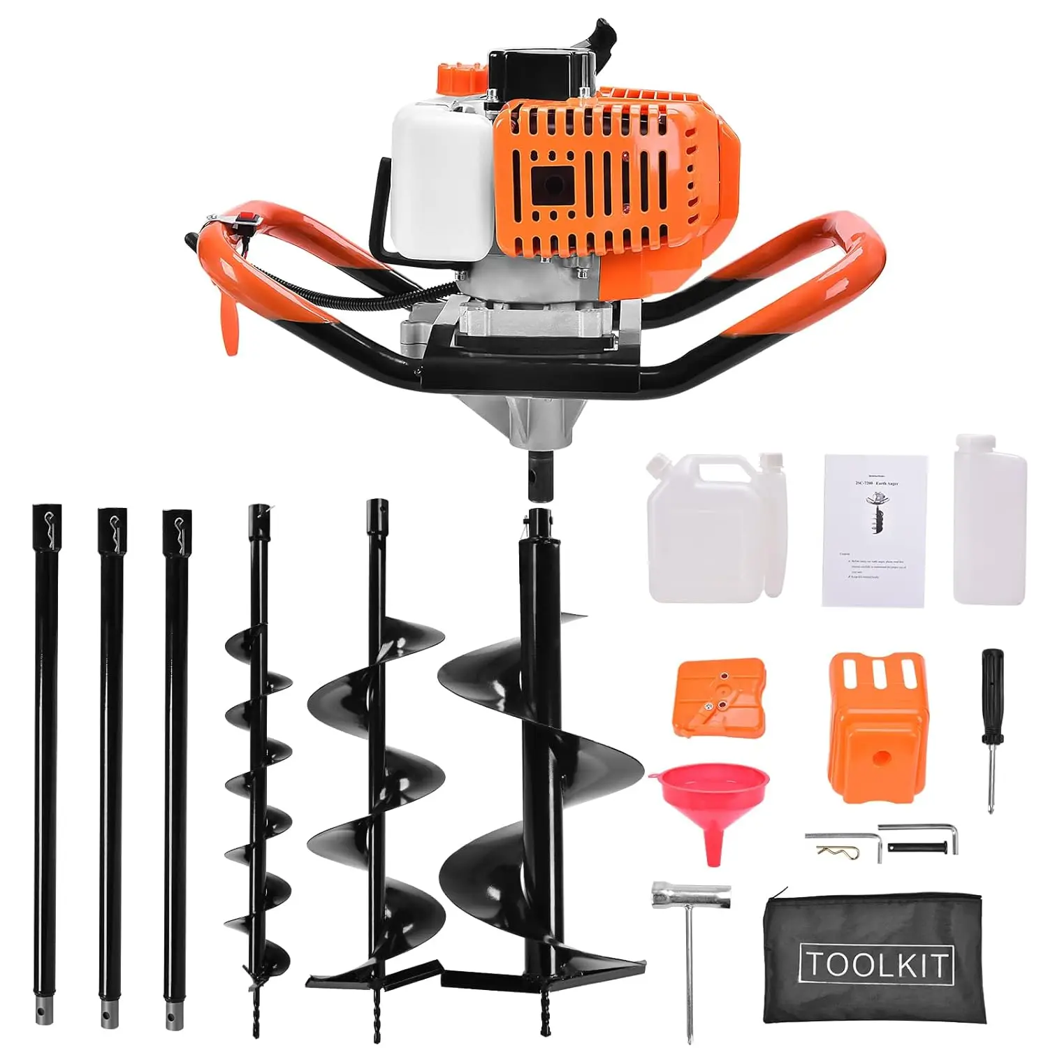 72CC Auger Post Hole Digger, 3KW 2 Stroke Post Hole Auger Gas Powered with 3 Auger Drill Bits(4