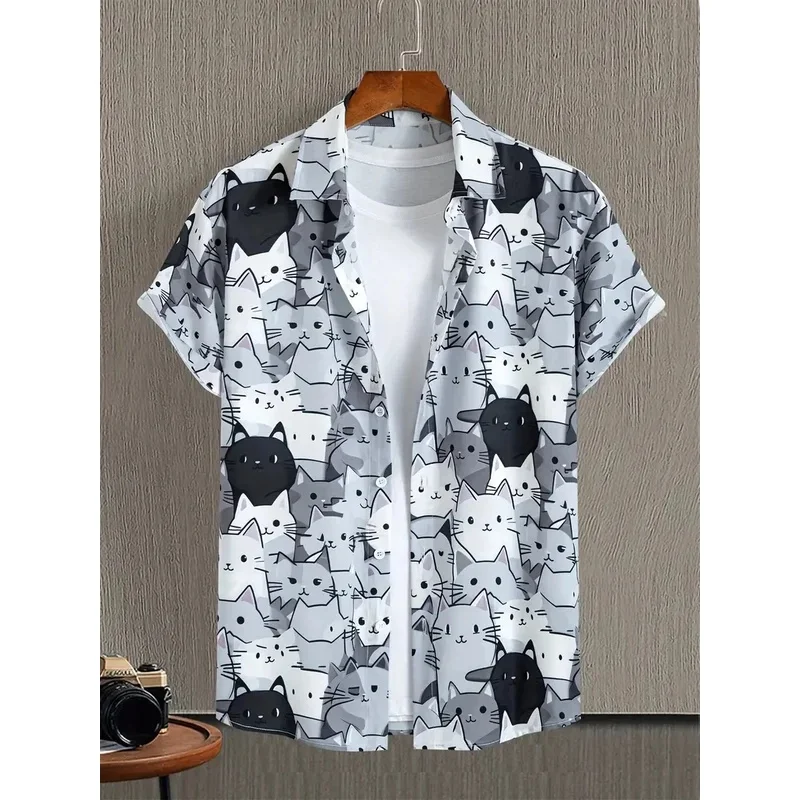Summer New Cute Cat Fun Printed Short-sleeved Stand-up Collar Men's Shirt Daily Fashion Everything Short-sleeved Men's Shirt