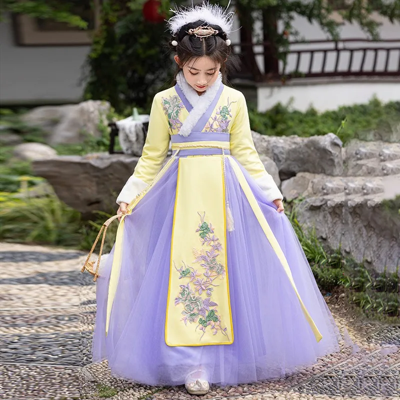 소녀 요정 Hanfu 망토 어린이 겨울 따뜻한 자수 당나라 정장 드레스 어린이 생일 선물 중국 설날 의류