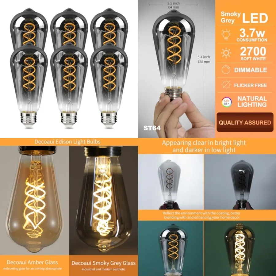 E26 ST64 Vintage Edison Light Bulbs, Coated Glass, Dimmable, 4W 20W Equivalent 150 Lumens, 2700K Soft White, Spiral Filaments D