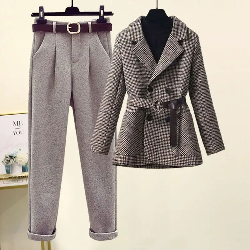 Blazer de chaqueta flocado para mujer, pantalones casuales elegantes de dos piezas, traje de oficina, estilo coreano, decoración de cinturón,