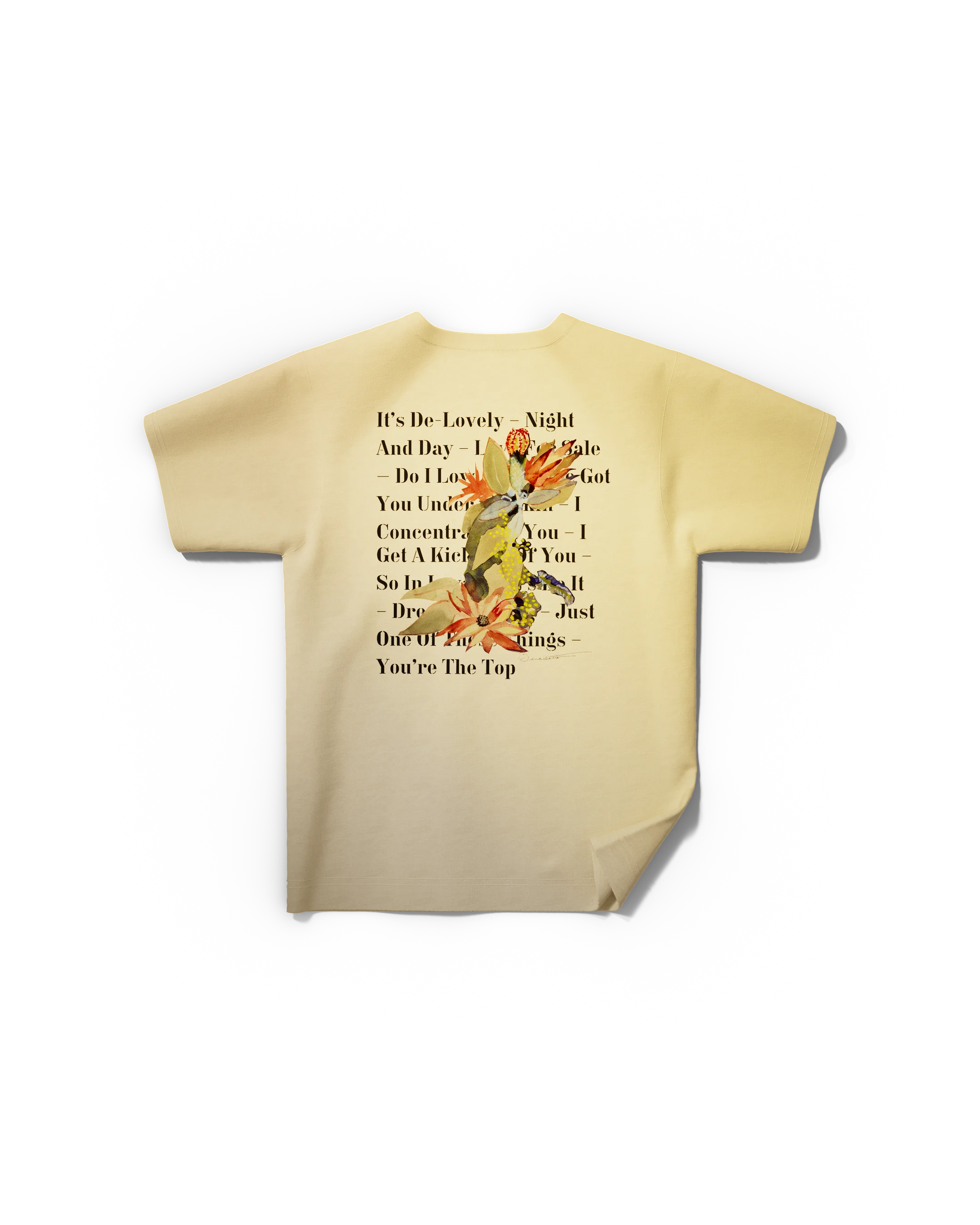 Lady Gaga Lyrics & Floral Graphic T-Shirt – Retro Text & Botanical Print Cotton Apparel for Vintage Music Fans