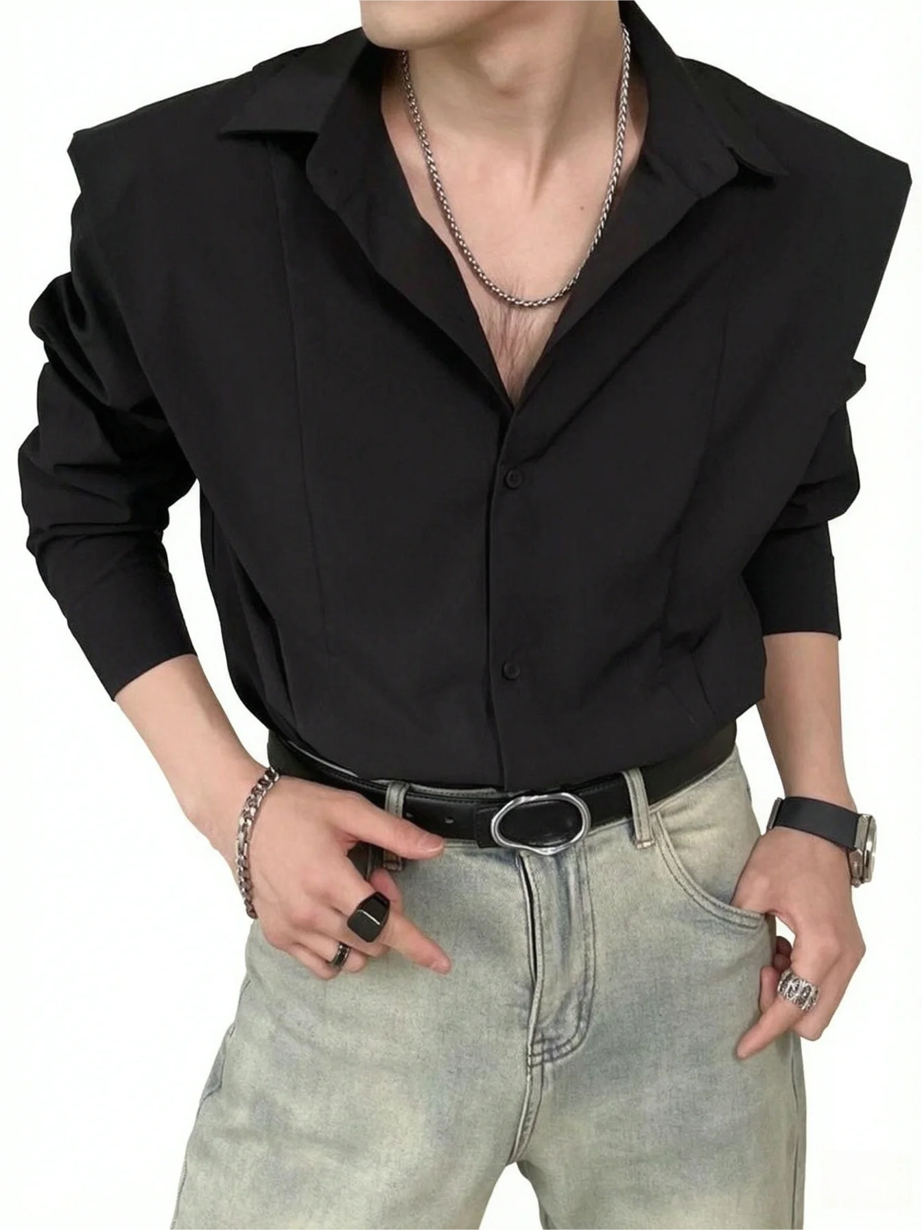 Men's Faux 2PCS Shirt Square Collar Layered Shoulder Pad Long Sleeve Casual Streetwear Luxury Solid Spring Fall Top