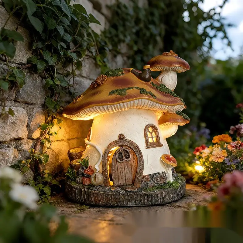Fairy Tale Mushroom House Resin Statue Outdoor Garden Lawn Light Waterproof Mini House Rockery Landscape Decor Gift
