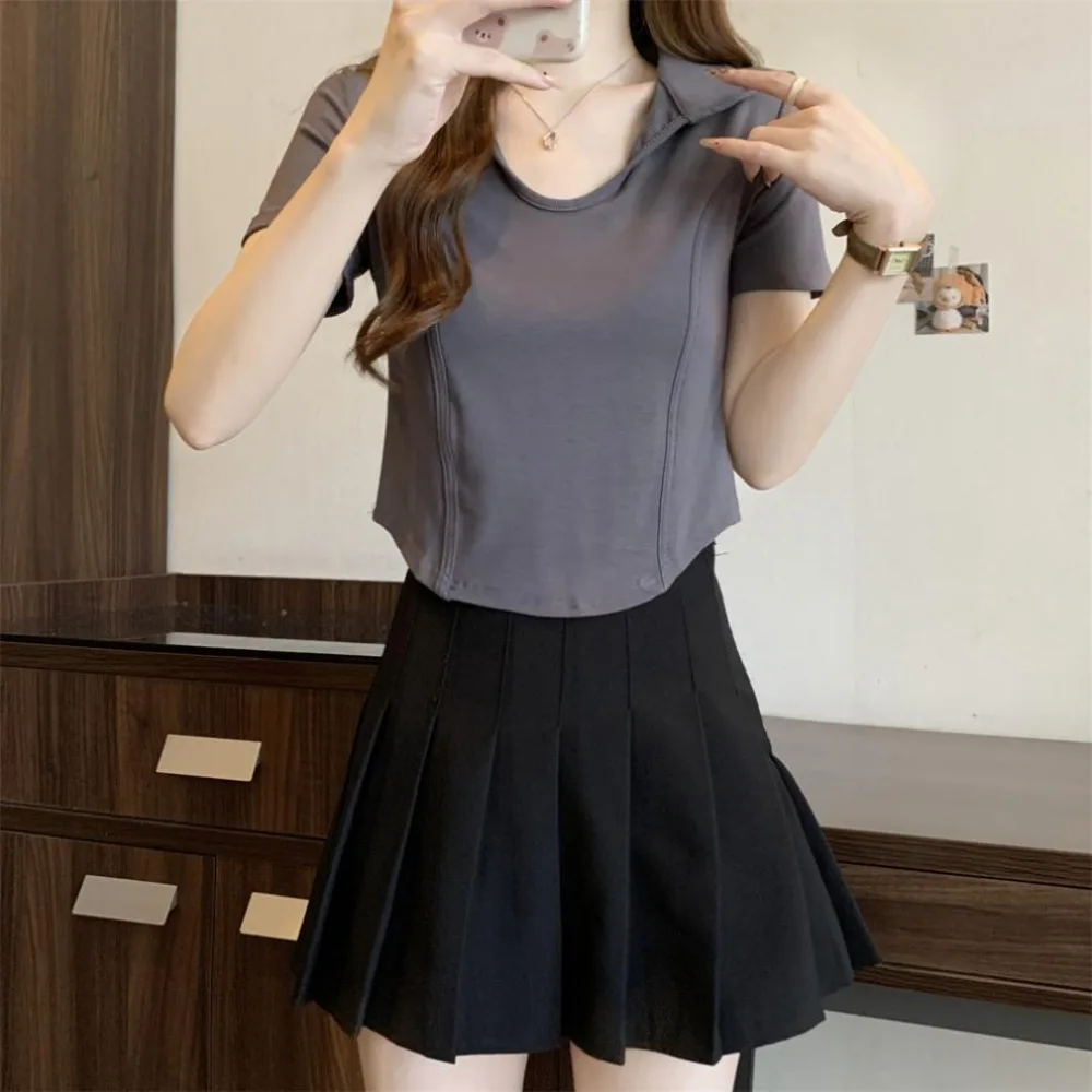 

Модная футболка с v-образным вырезом и коротким рукавом, пуловер, облегающие укороченные топы Y2k, женские универсальные шикарные блузки с откидным вырезом, летние