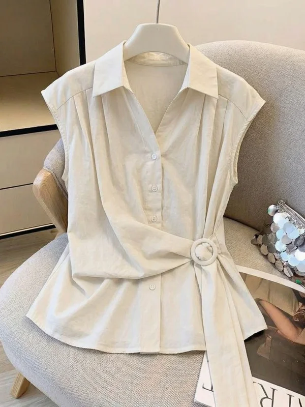 

Slimming V-Neck Short Sleeve Shirt Women's plus Size Big Code Korean Style Belted Waist Tie Summer New Arrival Office Wear