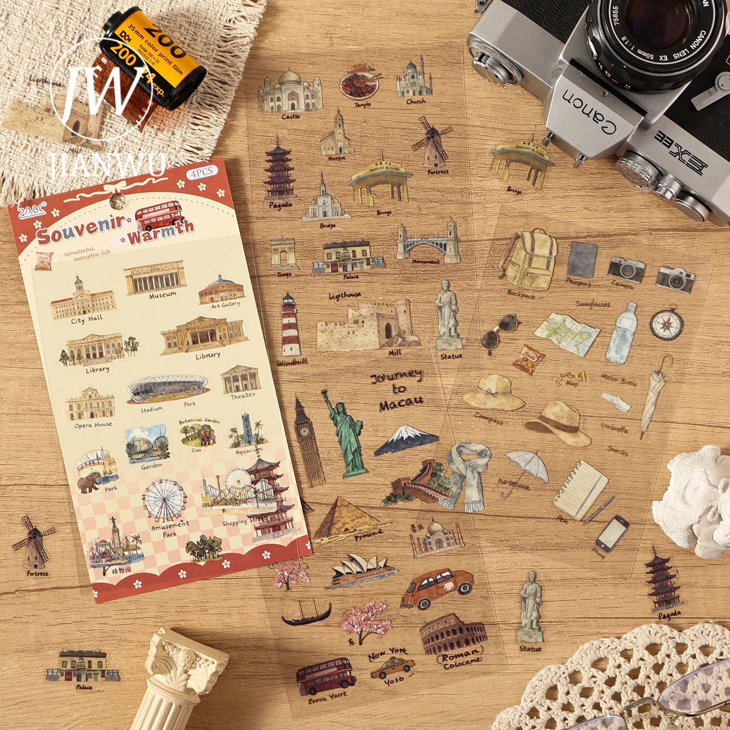 

JIANWU Diary Handwriting Series Vintage Life Building Landscape Material Collage PET Sticker Creative DIY Journal Stationery