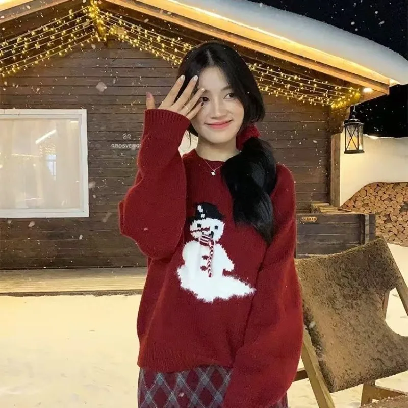 2025 Nieuwe cartoon sneeuwpop trui met 3D sjaal losse gebreide top met ronde hals voor dames