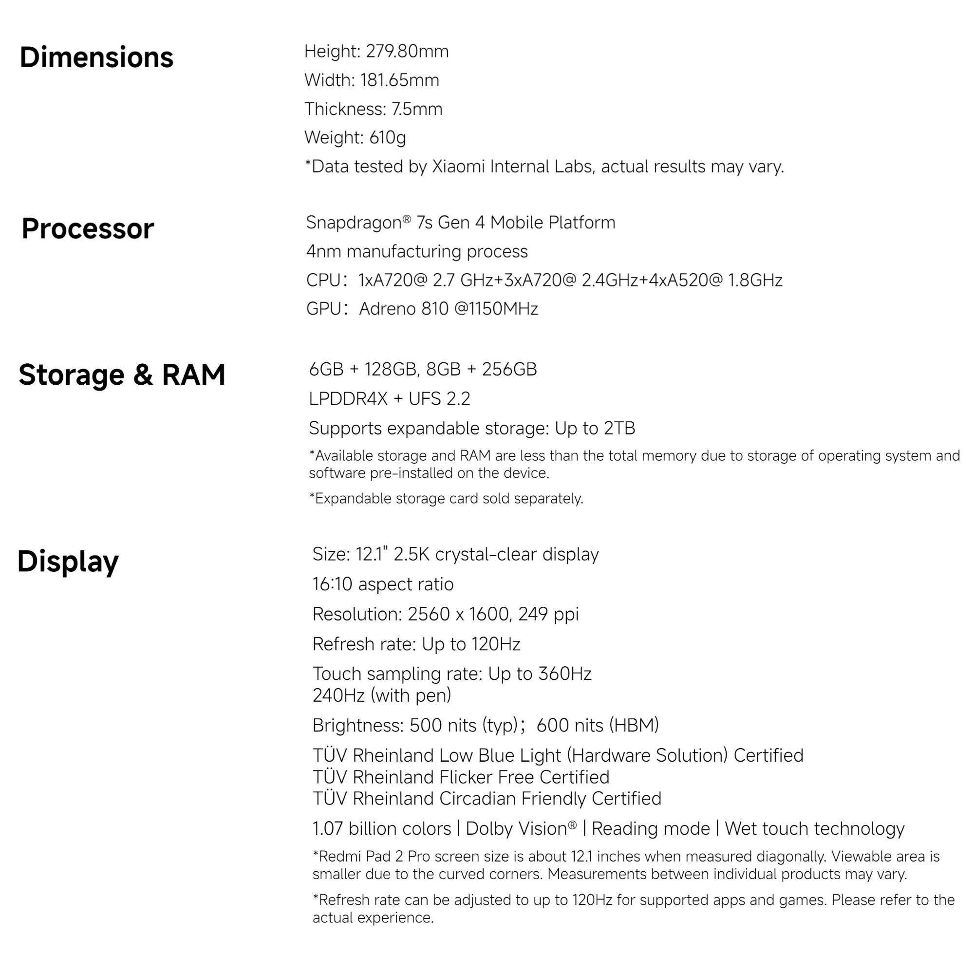 Xiaomi Redmi Pad 2 Pro, 8+256GB, Global Version, WIFI 6 12.1" 2.5K 120Hz Display Snapdragon® 7s Gen 4 Mobile Platform 8MP Camera 12000mAh 33W