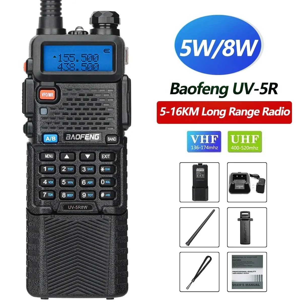 Baofeng UV-5R 워키토키 VHFUHF 듀얼 밴드, 3800mAh 긴 리튬 이온 배터리, 16km 장거리 UV5R 햄, 양방향 라디오, 5W, 8W