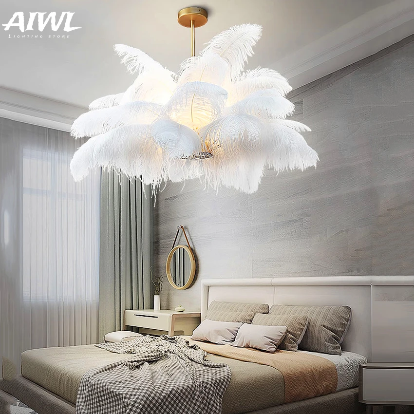 

Nordic LD Pendant Lights Natural Ostrich Feather LOFT LED Pendant Lamp Bedroom Living Room Restaurant Lighting Deco Hanging Lamp