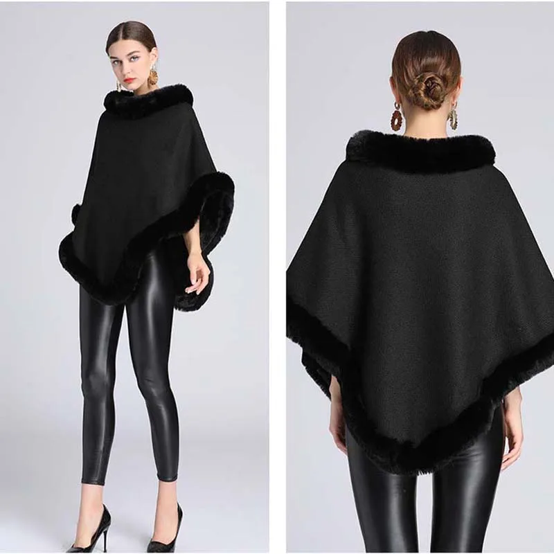 Mode épaissir pleine fausse fourrure garnitures tissage Poncho Cape femmes automne hiver pull manteau chaud fête loisirs Cape
