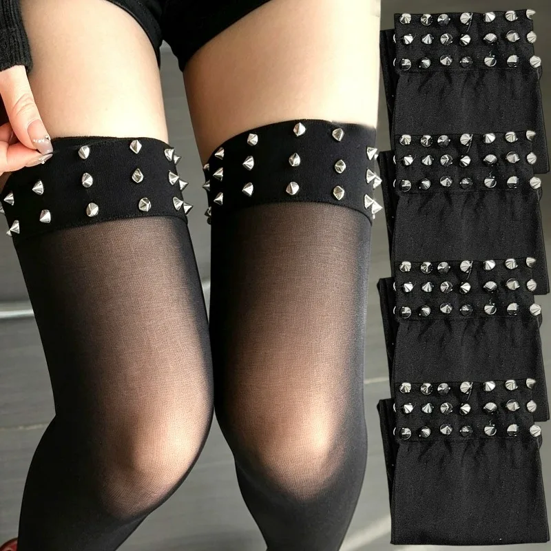 Japanische Nietenstrümpfe, Oberschenkelhohe Overknee-Socken, dünne schwarze lange Strümpfe für Damen, Sommer-Lolita-Cosplay-Strümpfe