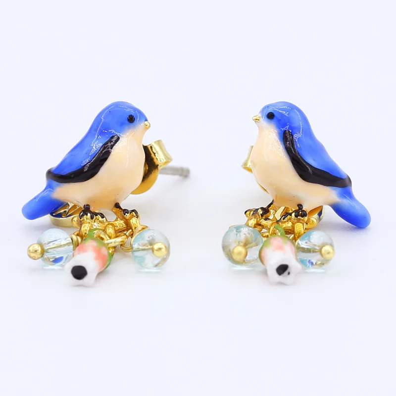 

Cute Little 3D Bird 18k Gold Plated Blue Bird Enamel Stud Earrings For Women Girl Daily Casual Fashion Accessory Clip Ear Craft