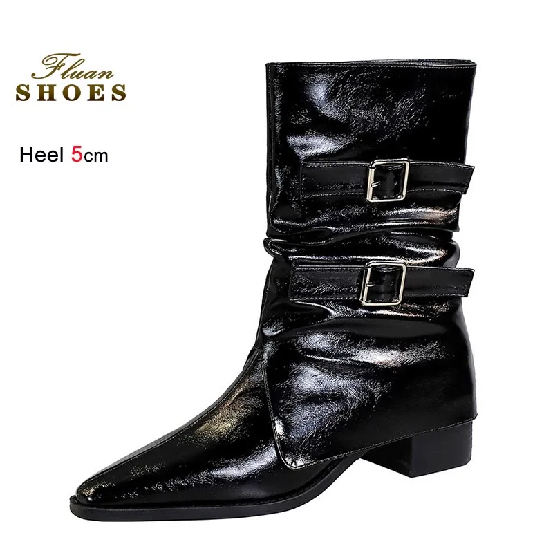 الخريف قبعات رعاة البقر الغربية أحذية النساء كعب خشن الجلود مشبك الأحذية المتوسطة موضة الأسود 5 سنتيمتر عالية الكعب فارس الأحذية أحذية الحفلات #6