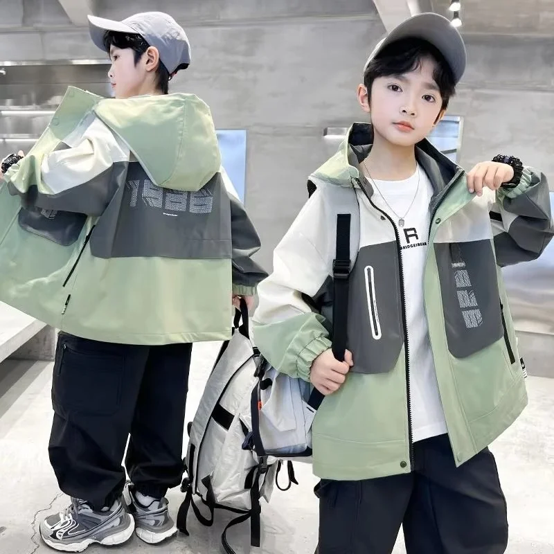 

Spring Autumn Outdoor Clothes for Children Casual Hooded Jacket Windproof Fashion Zipper Loose Jacket Junior Boy Clothes 5-14 Y