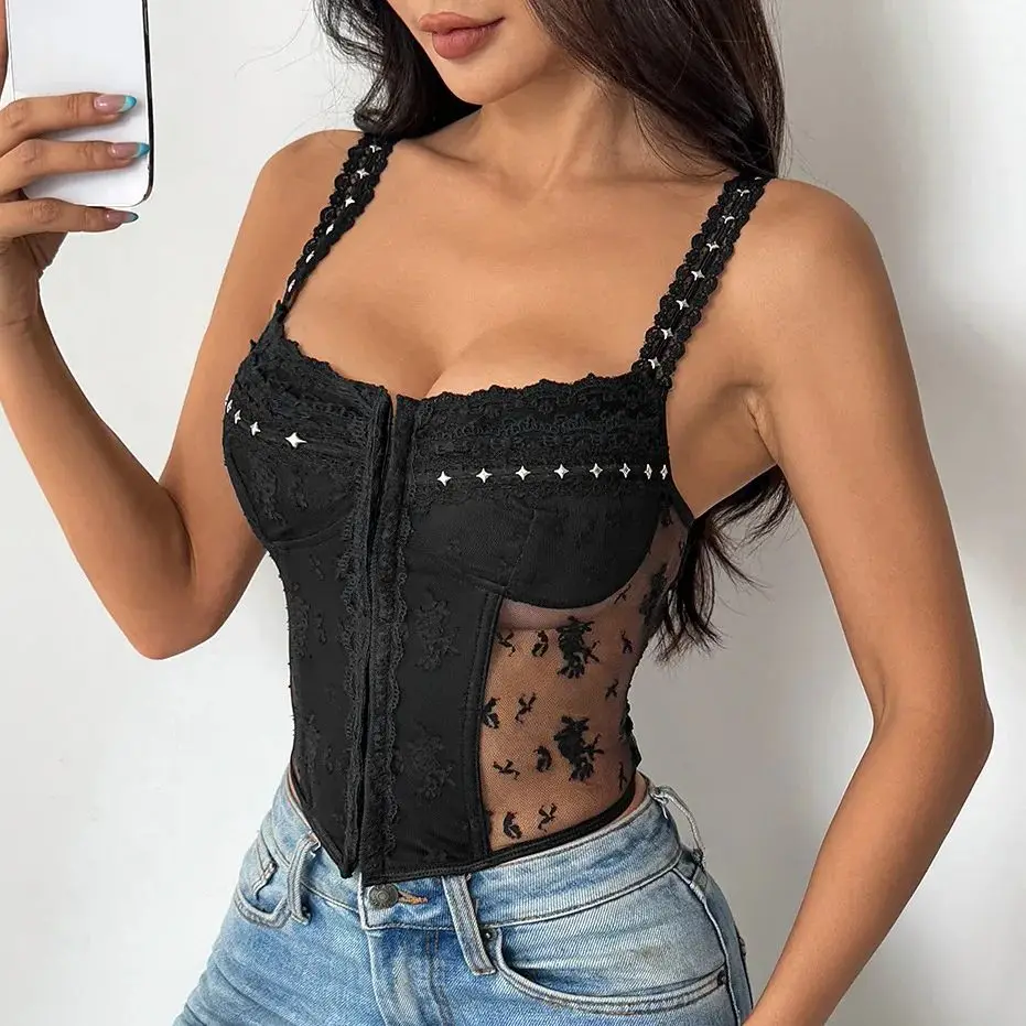 

Sleeveless Lace Crop Tops Women Camisole Corset Fashion Sexy Lingerie Body Shaper Tank Top Outfits Vest Slim Corsets Streetwear