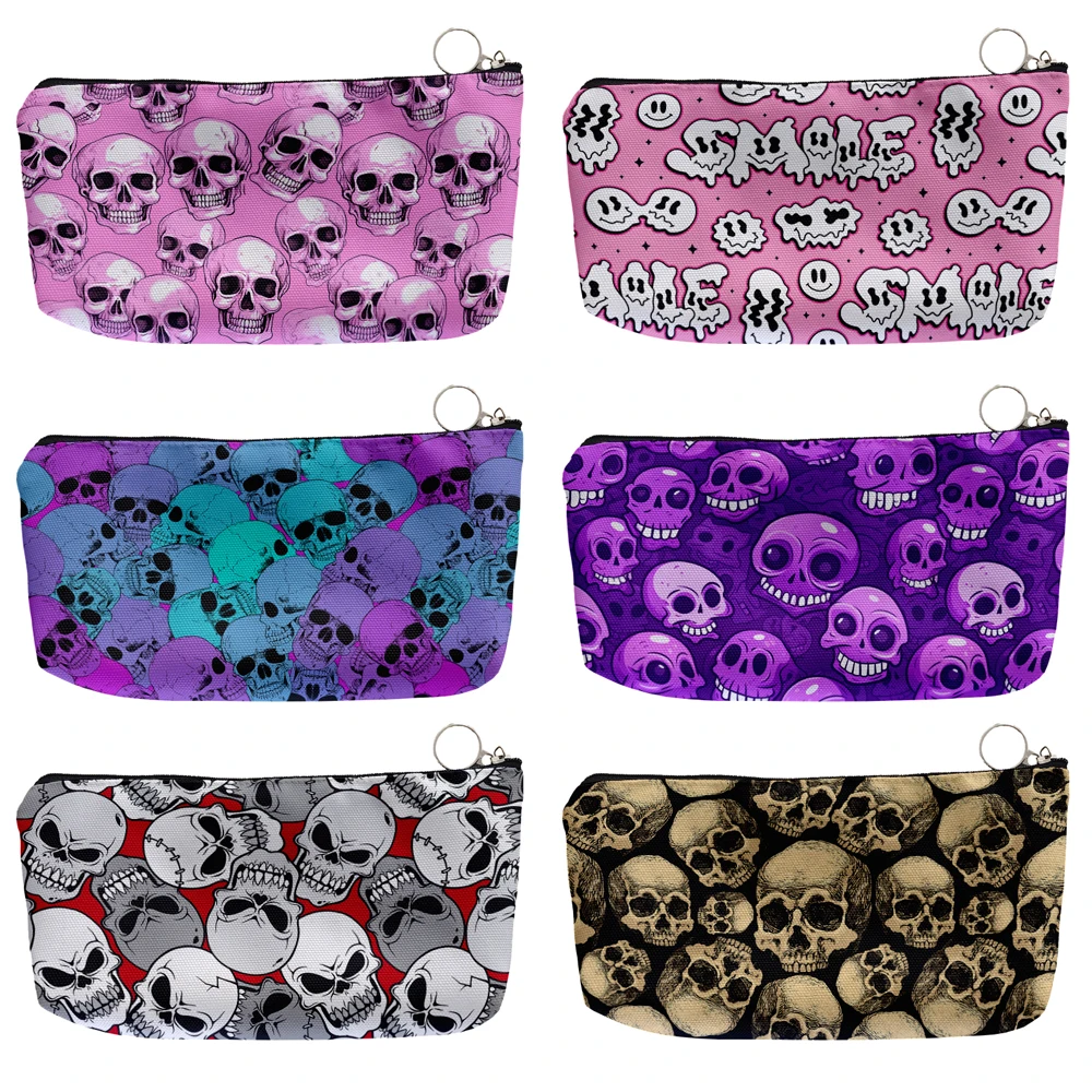 

Novelty skull print women's cosmetic bag pink purple cosmetic bag travel lipstick earphone change portable zipper storage bag