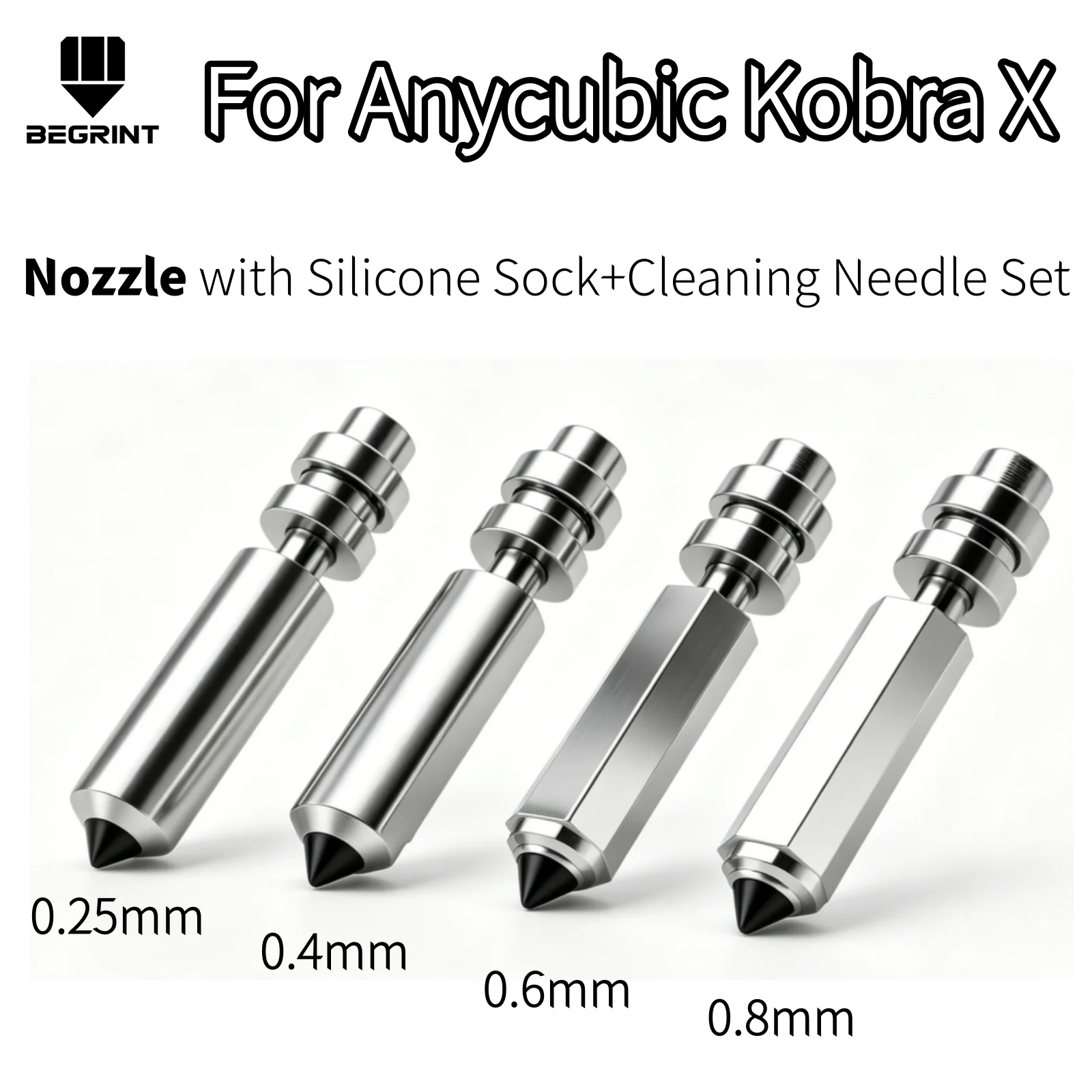 

For Anycubic Kobra X Bimetal Nozzle, 0.25-0.8mm One-piece Nozzle with Silicone Sock & Cleaning Needle Set