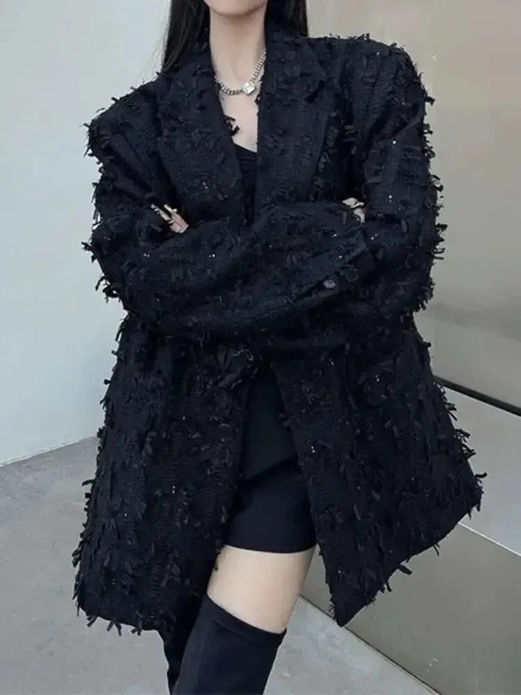 Street Black Jacket American Retro Loose All Match Tassel Temperament Fashion Blazer Coat Women Spring Autumn 2025