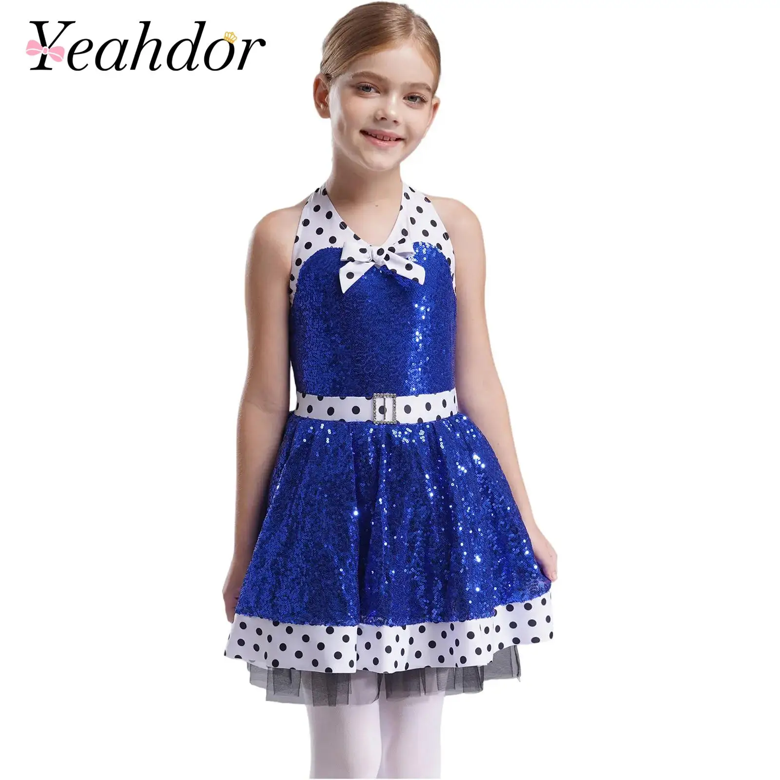 

Детские блестящие платья для танцев и катания на коньках для девочек, балетное платье-пачка в горошек, лоскутное платье, костюм принцессы для выступлений на сцене