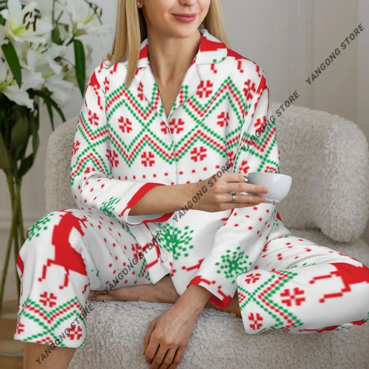 

Spring and Autumn Long Sleeve Pants Pajamas Set New Year's Christmas Pattern Pixel Women's Pull Edge Loose Sleeping Suit