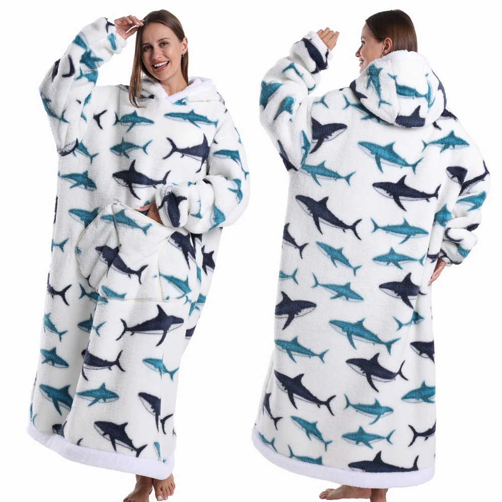Oversized Wearable Blanket Hoodie For Adults Soft Flannel Hooded Blanket With Sleeves Big Pocket Long Throw Robe For Home Lounge