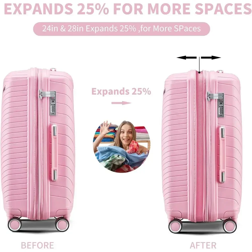 Expandable 4-Piece Luggage Set, Lightweight, TSA-Approved Lock, Quiet Wheels, Aluminum Rod, Pink Polypropylene Material