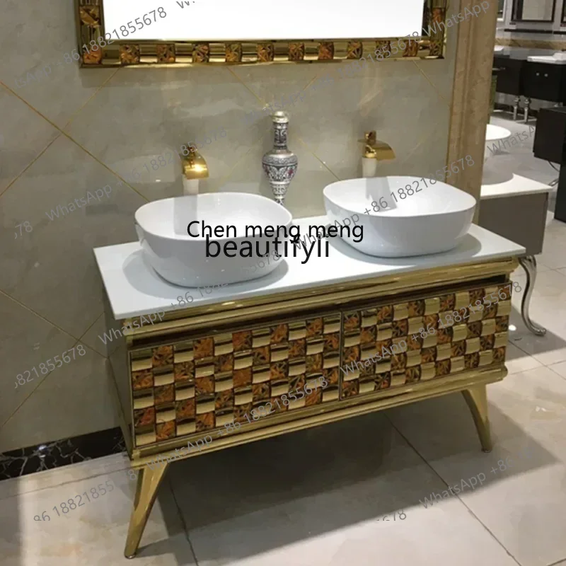 X  A13 Golden Bathroom Cabinet Combination Stainless Steel European Hotel Villa Bathroom Cabinet   Wash Inter-Platform Basin