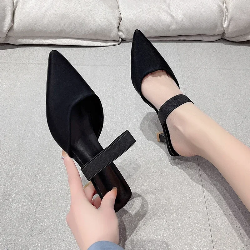 Elegant Women High Heels 2024 Fashion Pointed Toe Ladies Mid Heel Slipper Pumps Women Mules Plus Size Purple Women Shoes