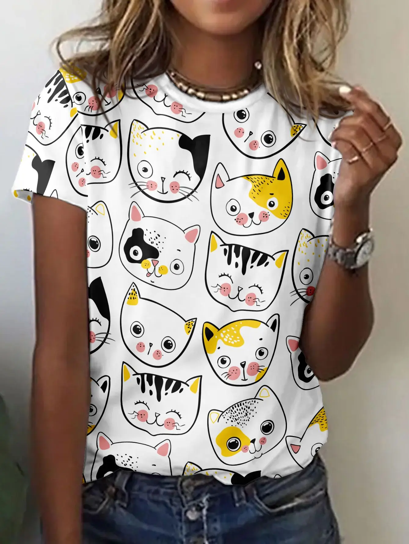 New Cute Cartoon Cat T-Shirts Kitten 3D Print Women Summer Short Sleeve Round Neck T Shirt Tees Harajuku Y2K Top Female Clothing