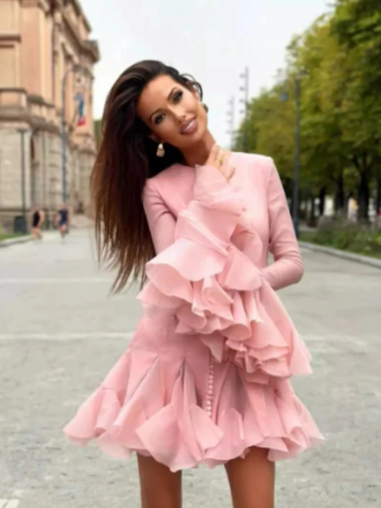 Para festa roupa diária mini vestido 2025 sexy doce vestido fedorado na moda tule em camadas puff hem botão detalhe vestido de cintura alta