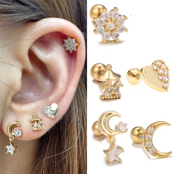 One Piece Zirconia Moon Star Heart Piercing Screw Stud Earrings for Women Girls Fashion Jewelry Summer Sweet Fancy Party