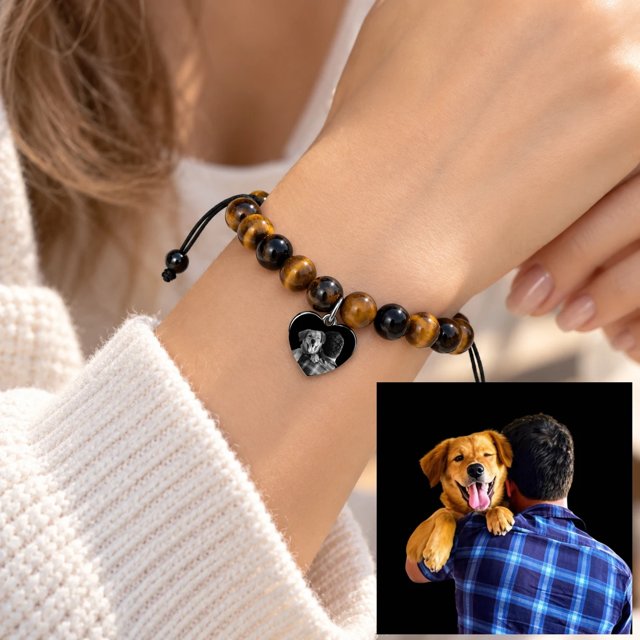 Personalized Photo Bracelet Custom Name Date Text Double Sided Engraved Heart Tiger Eye Black Beads Adjustable Pet Memorial Gift