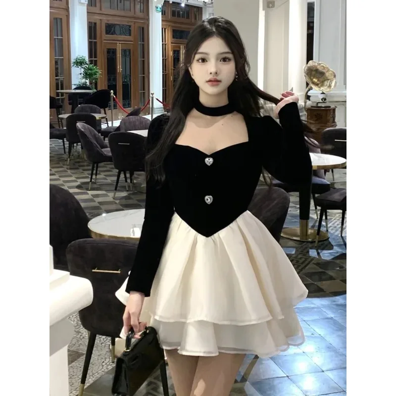 Y2k mini vestido de princesa feminino veludo retalhos em camadas babados a linha outono primavera elegante vintage festa à noite vestidos mujer