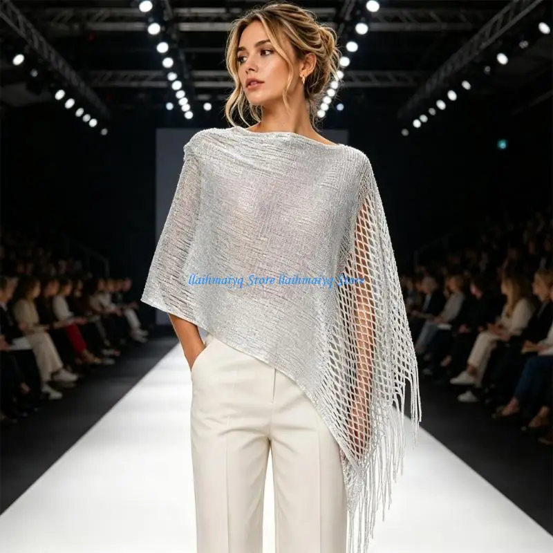 573B Metallic Fringe Shawl Shoulcer Wrap with Open Weave Mesh for Travel Layering