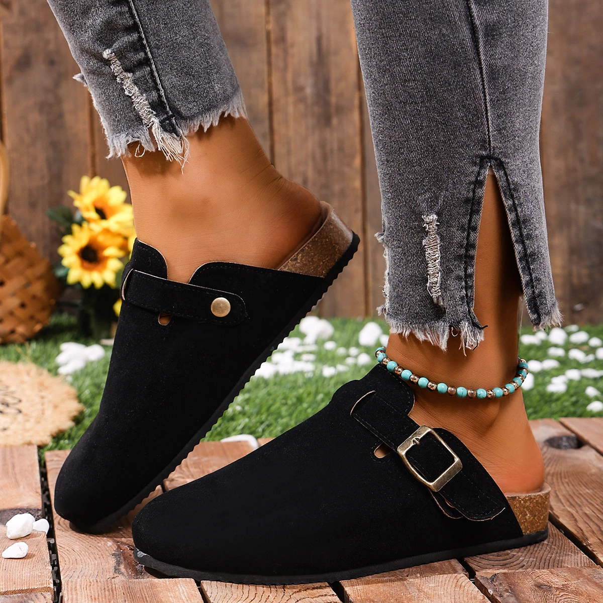 Korkfußbett-Clogs für Damen und Herren, modische Leder-Mules, bequeme Potato-Schuhe mit Fußgewölbestütze, flache Slides für drinnen und draußen – Detail 11