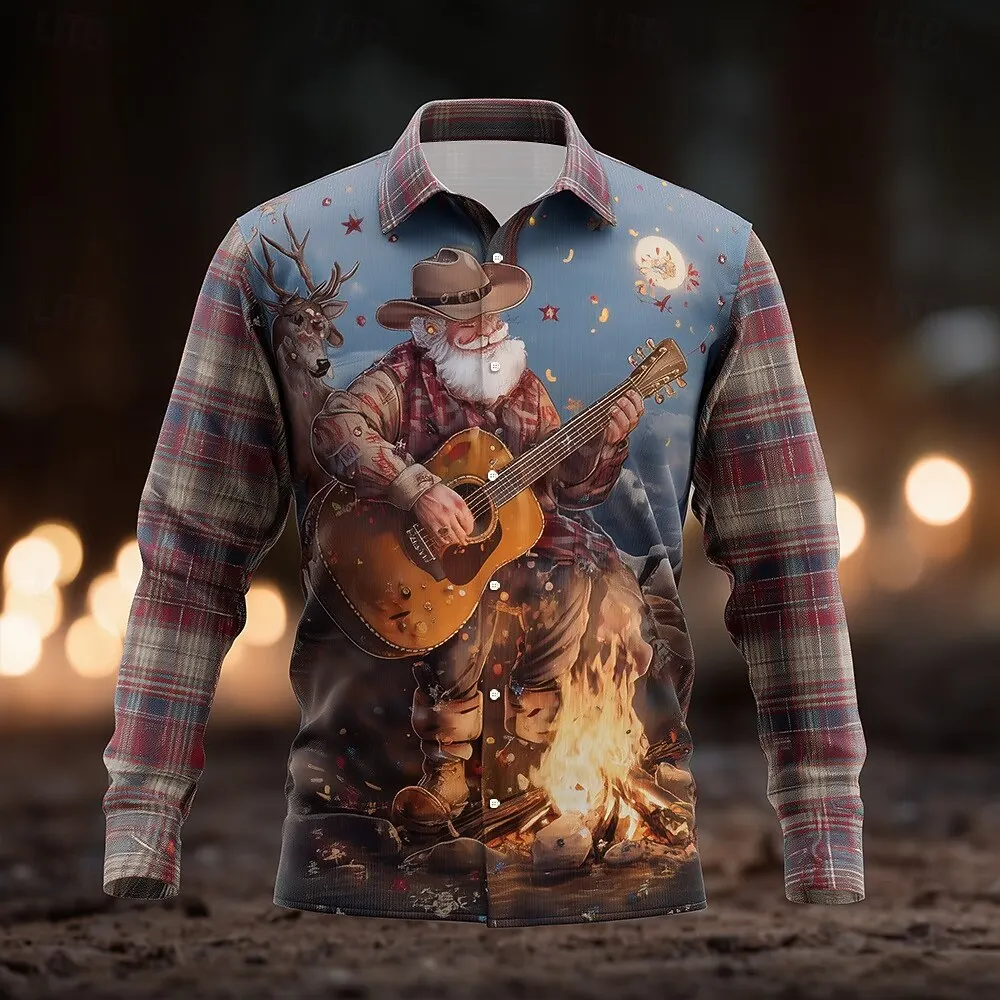 Vintage Santa Claus and Guitar Print Shirts For Men Christmas Style Long Sleeve Shirt Daily Casual Men Clothes Trendy Streetwear