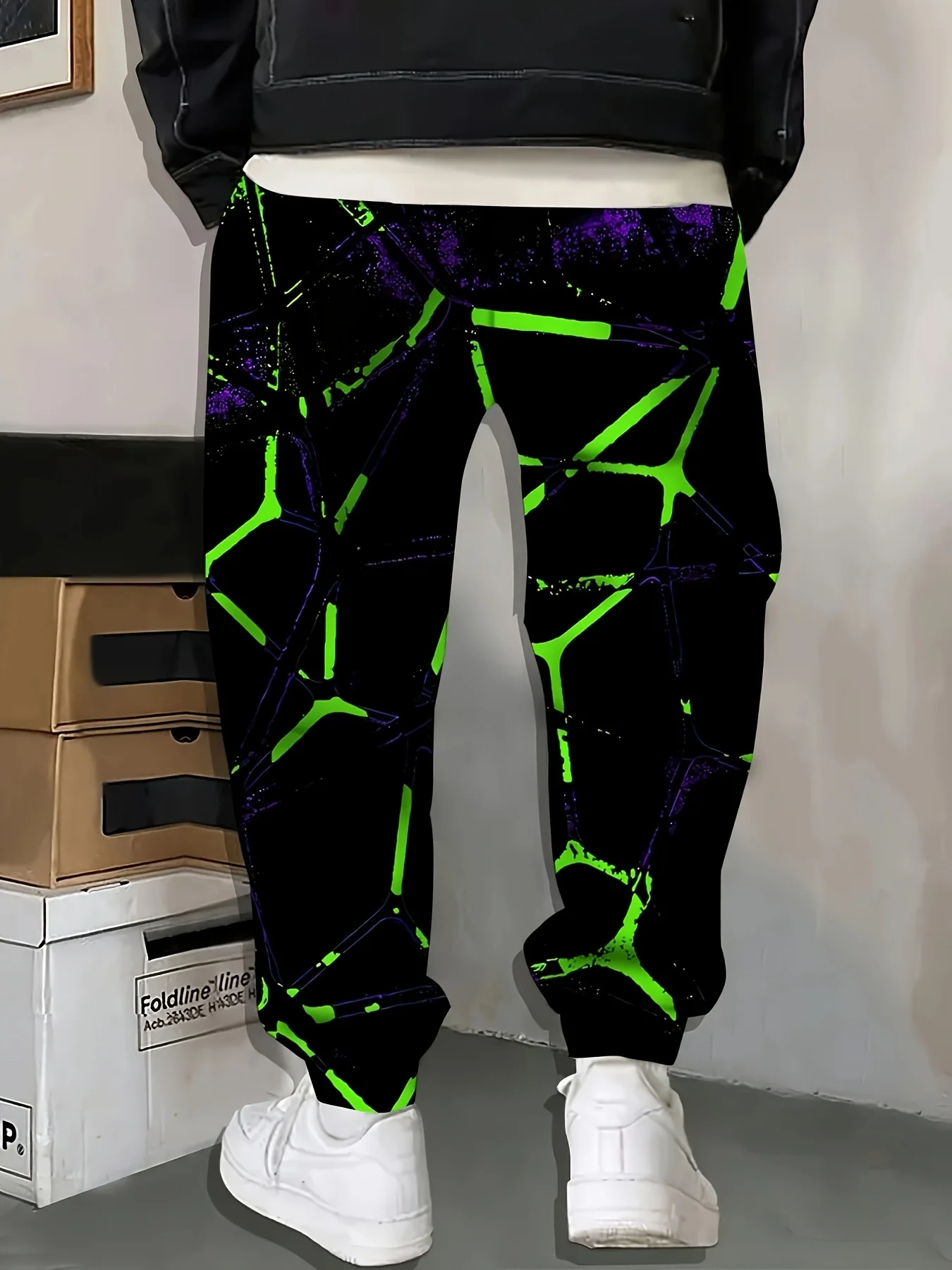 Fashionable Men's 3D Color Green Pattern Printed Sports Pants with Drawstring, Suitable for Home Casual Wear