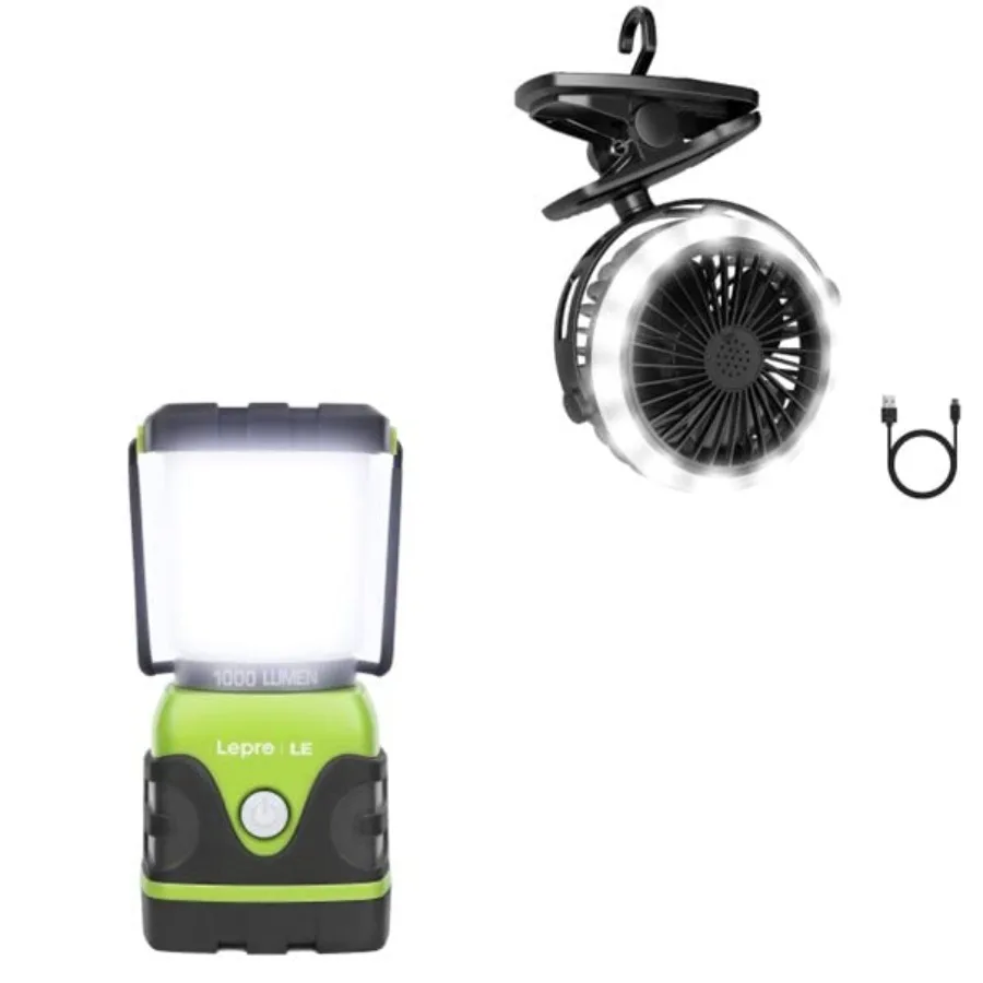 Camping lantern and fan bundle: 1000LM LED lantern with 4 light modes, rechargeable fan with 2 lighting modes and 3 speed setti