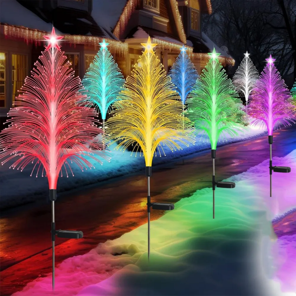 Solar 7-Color Changing Fiber Optic Christmas Tree Stake Lights, Waterproof LED Outdoor Garden Patio Yard Decorative Lights
