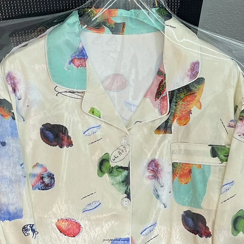 بيجامة نسائية حريرية بأكمام طويلة بيجامة بدلة زهرة مطبوعة عالية الجودة من الحرير الجليدي يمكن ارتداؤها خارج المنزل بيجامة