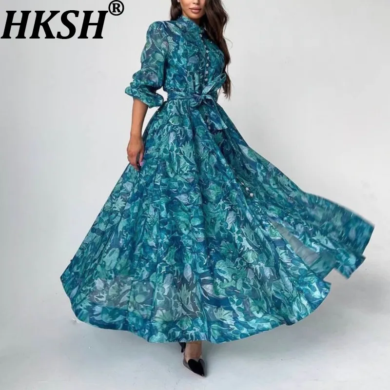 

HKSH Summer New Women's Elegant Graceful Studded Diamonds Single Breasted Lantern Sleeved Stand Collar Printed Long Dress HK7792