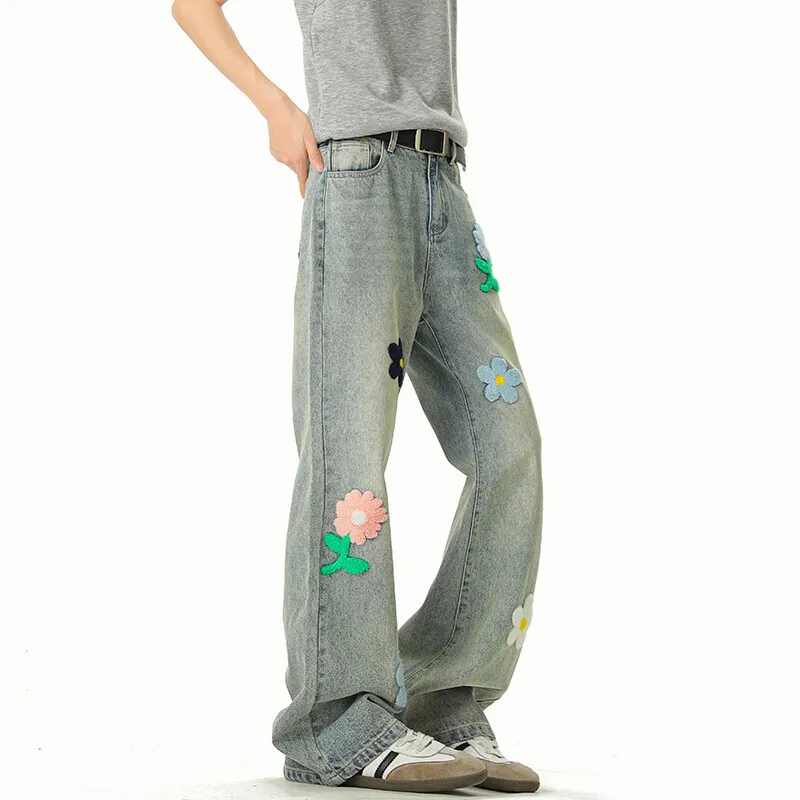 Blue Jeans Men Fashion Casual Straight Jeans Streetwear Hip-hop Loose Flower Jeans Mens Vintage Denim Pants Man Trousers