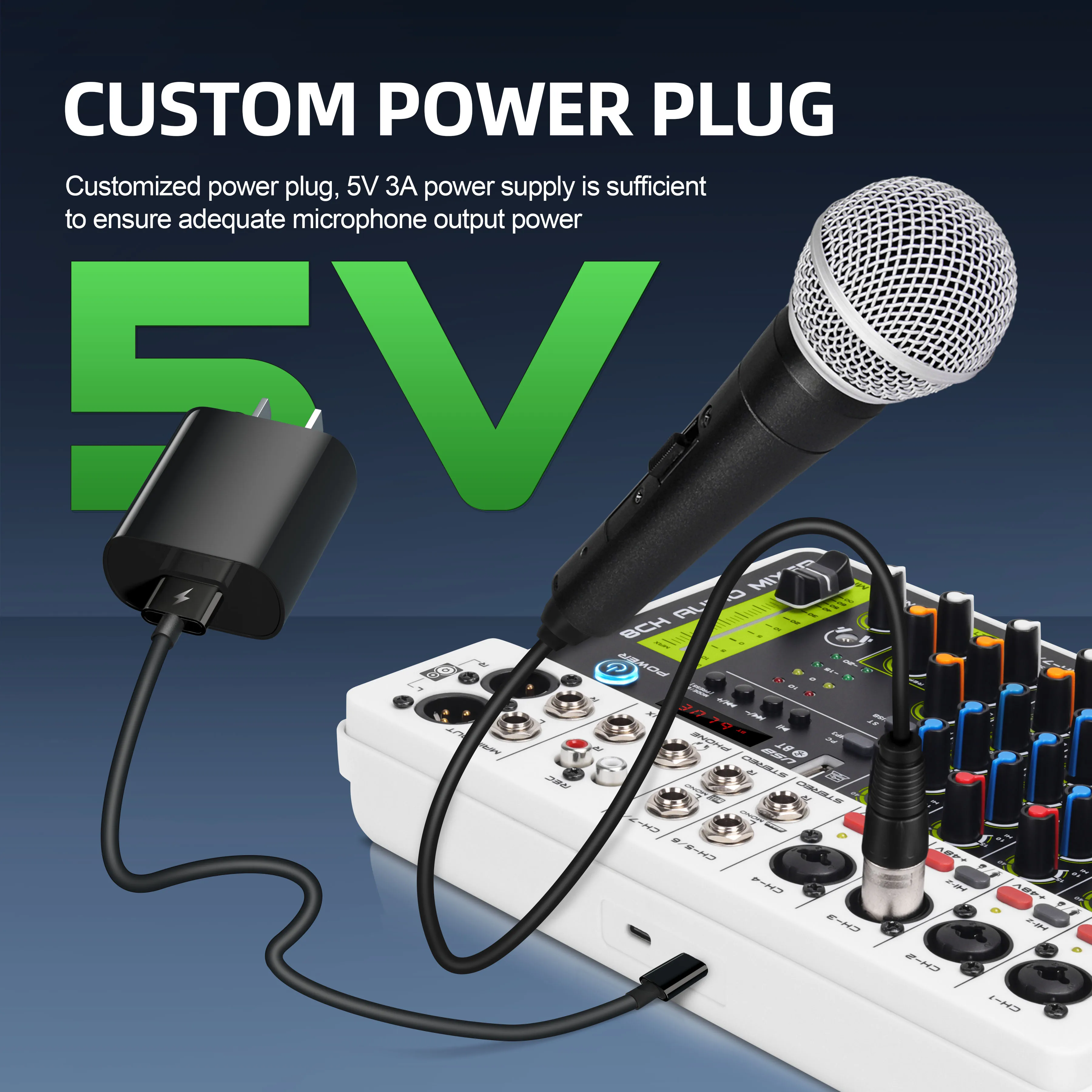 V8 Audio Interface Mixer, DJ Console with Bluetooth 5.0 Phantom Power Delay Replay Effect for Mixing Desk Computer Recording