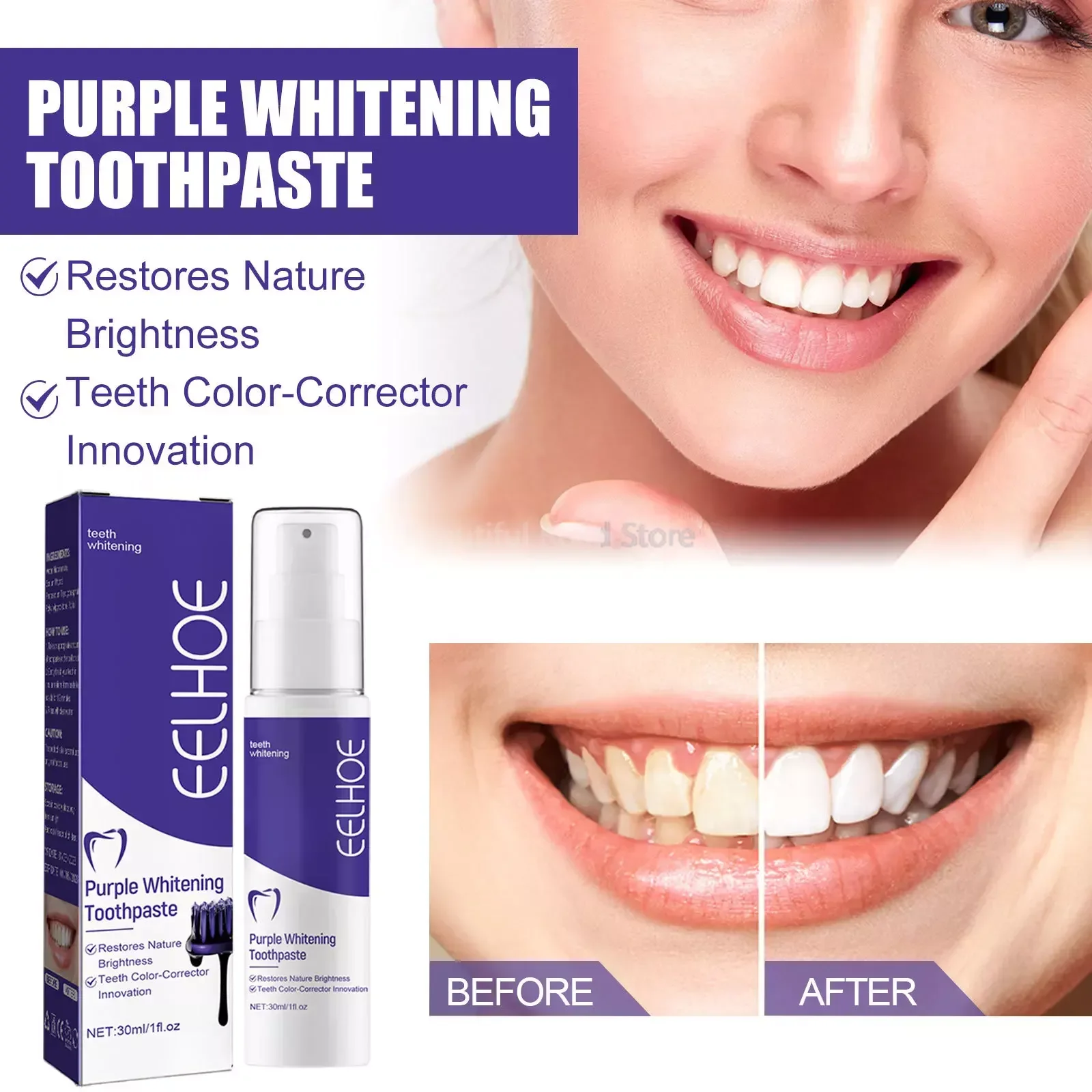 

Teeth Whitening Toothpaste Purple Foam Adults Blanqueador Dental Toothpaste Cleaning Effectively Remove Yellow 치약 30ML