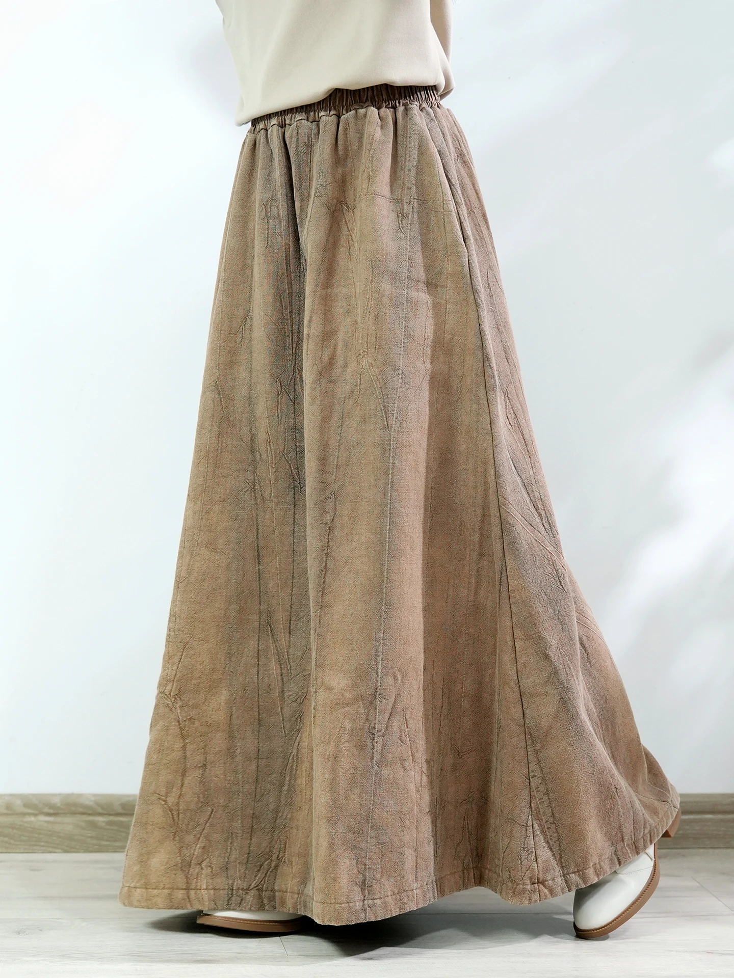 TIYIHAILEY New Long Maxi Women Elastic High Waist Fleece Inside Cotton Linen Autumn Winter Lady A-Line Skirts Big Hem Brown